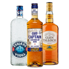 Old Captain Caribbean rum wit,
bruin of spiced fles à 700 ml,
Glen Talloch Schotse whisky
of Esbjaerg vodka fles à 1000 ml